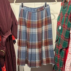 Vintage Pleated Plaid A-Line Skirt - Blue & Copper
